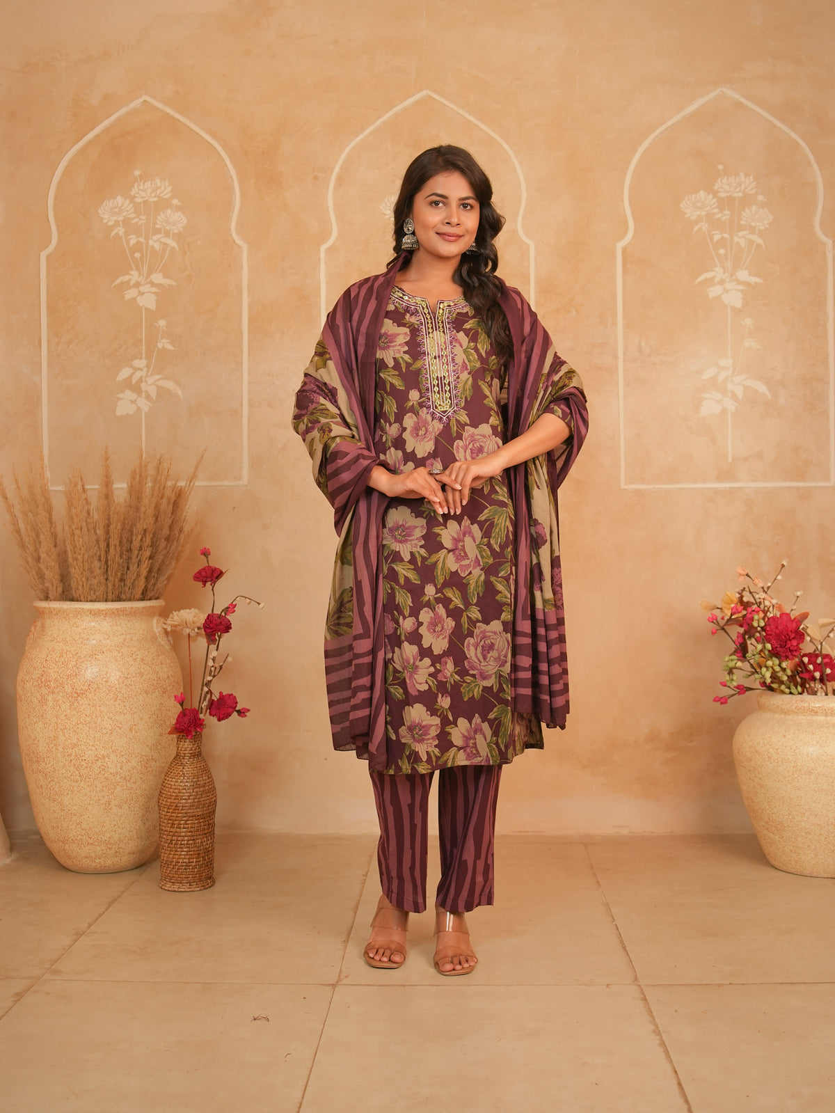 Wine Floral Printed Pure Cotton Kurti Set with Mirror Work Neckline | Gouri Jaipur