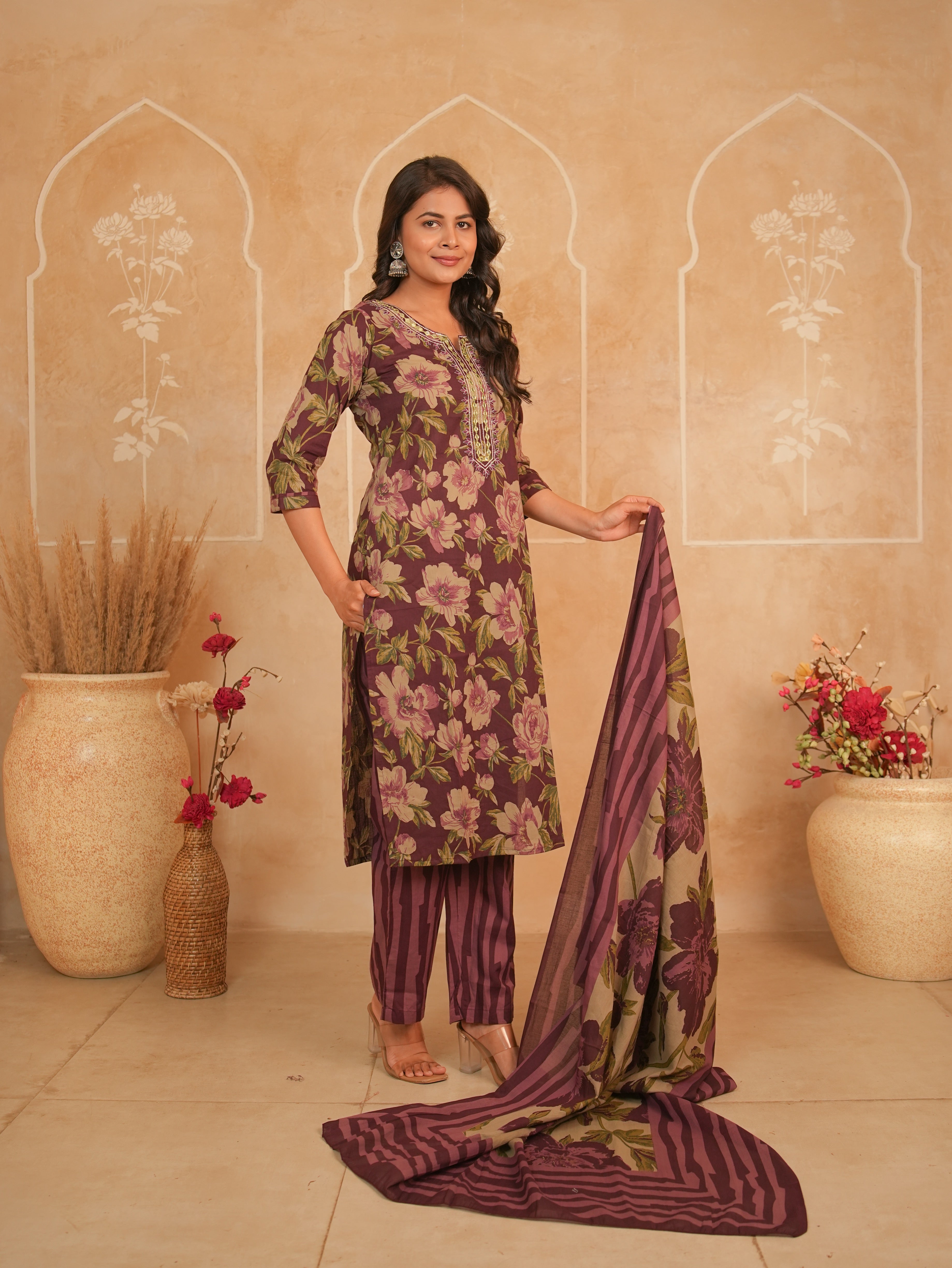 Wine Floral Printed Pure Cotton Kurti Set with Mirror Work Neckline | Gouri Jaipur