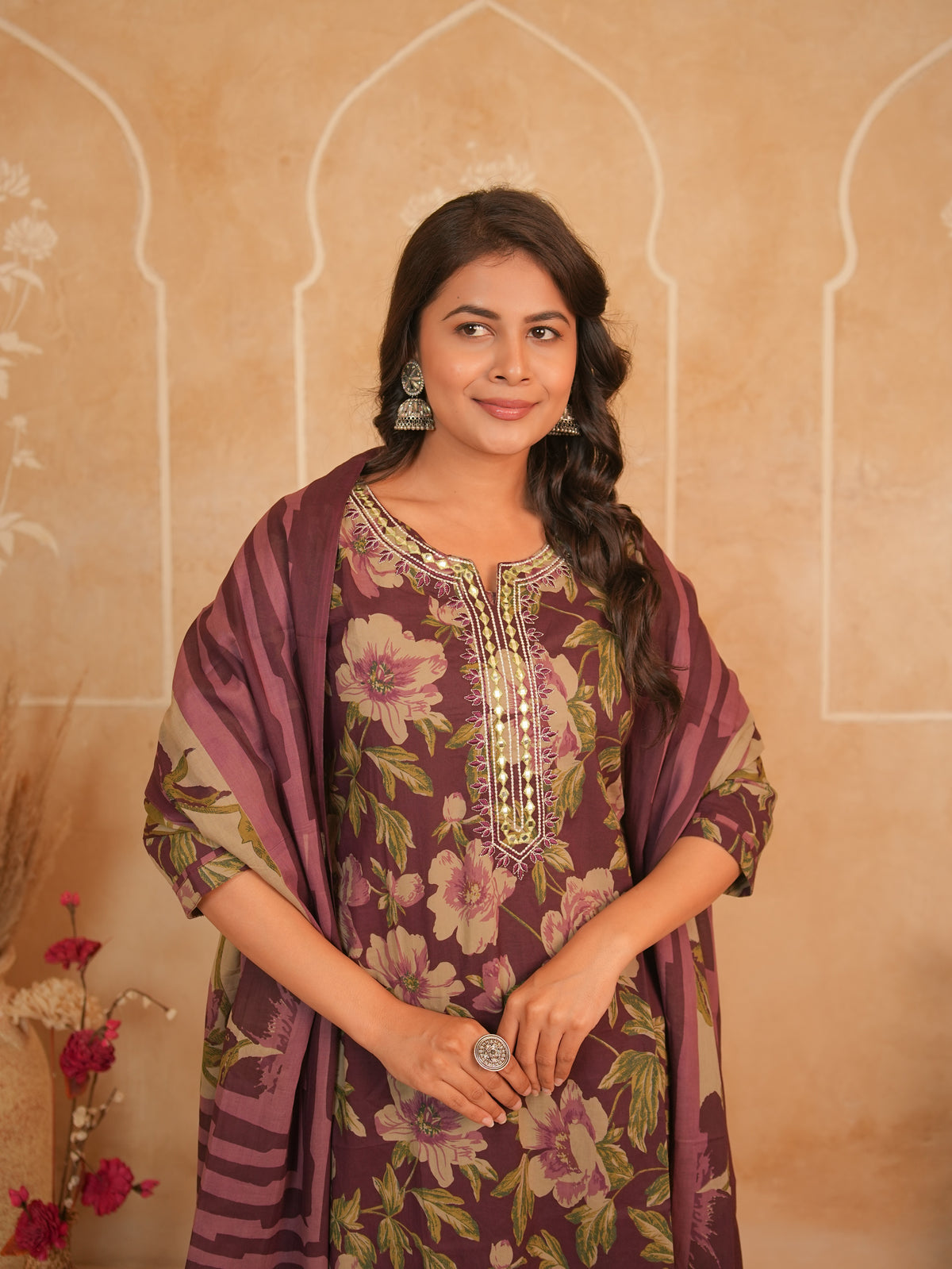 Wine Floral Printed Pure Cotton Kurti Set with Mirror Work Neckline | Gouri Jaipur