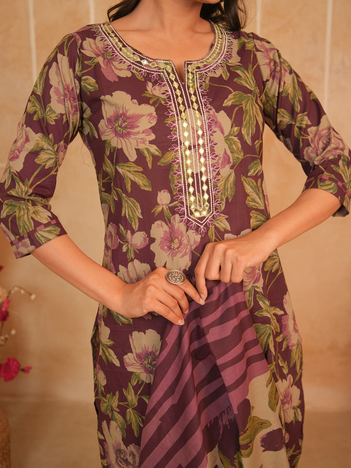 Wine Floral Printed Pure Cotton Kurti Set with Mirror Work Neckline | Gouri Jaipur