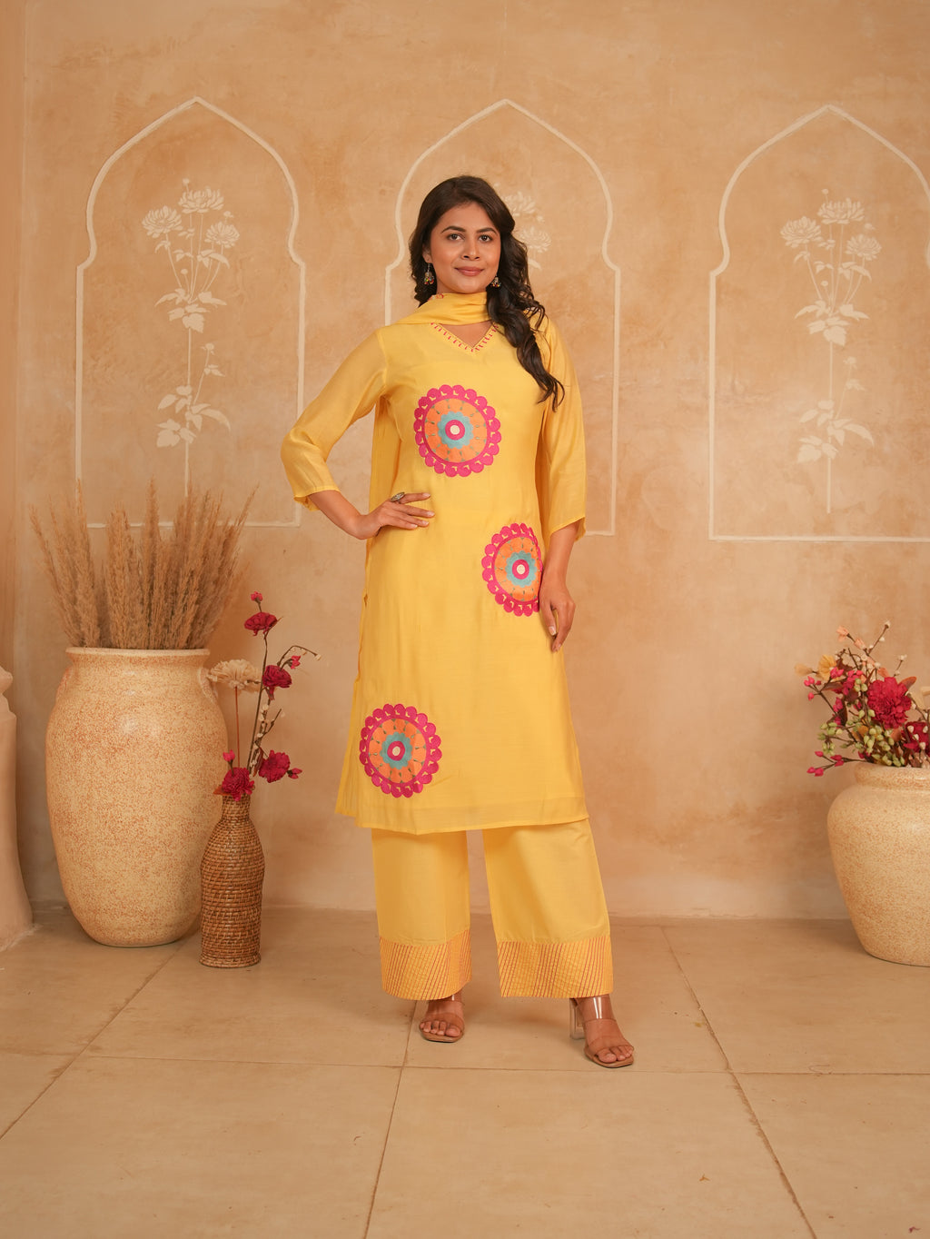 Yellow Embroidered Pure Mul Chanderi Kurti Set with Palazzo & Dupatta