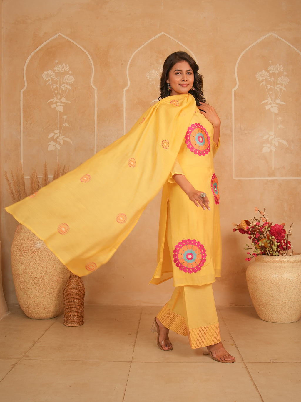 Yellow Embroidered Pure Mul Chanderi Kurti Set with Palazzo & Dupatta