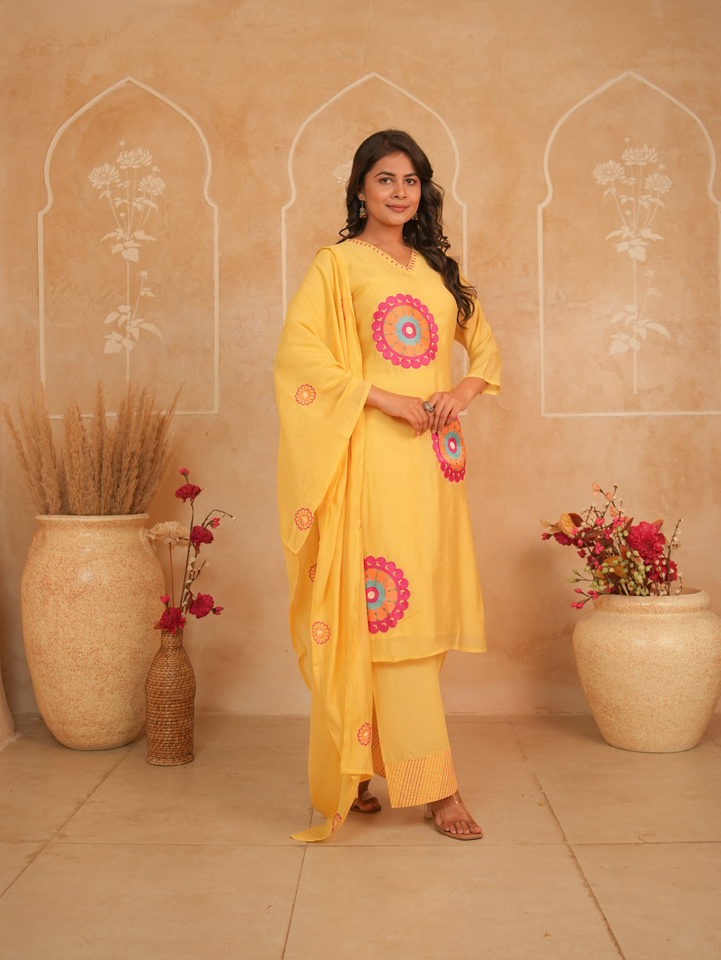 Yellow Embroidered Pure Mul Chanderi Kurti Set with Palazzo & Dupatta