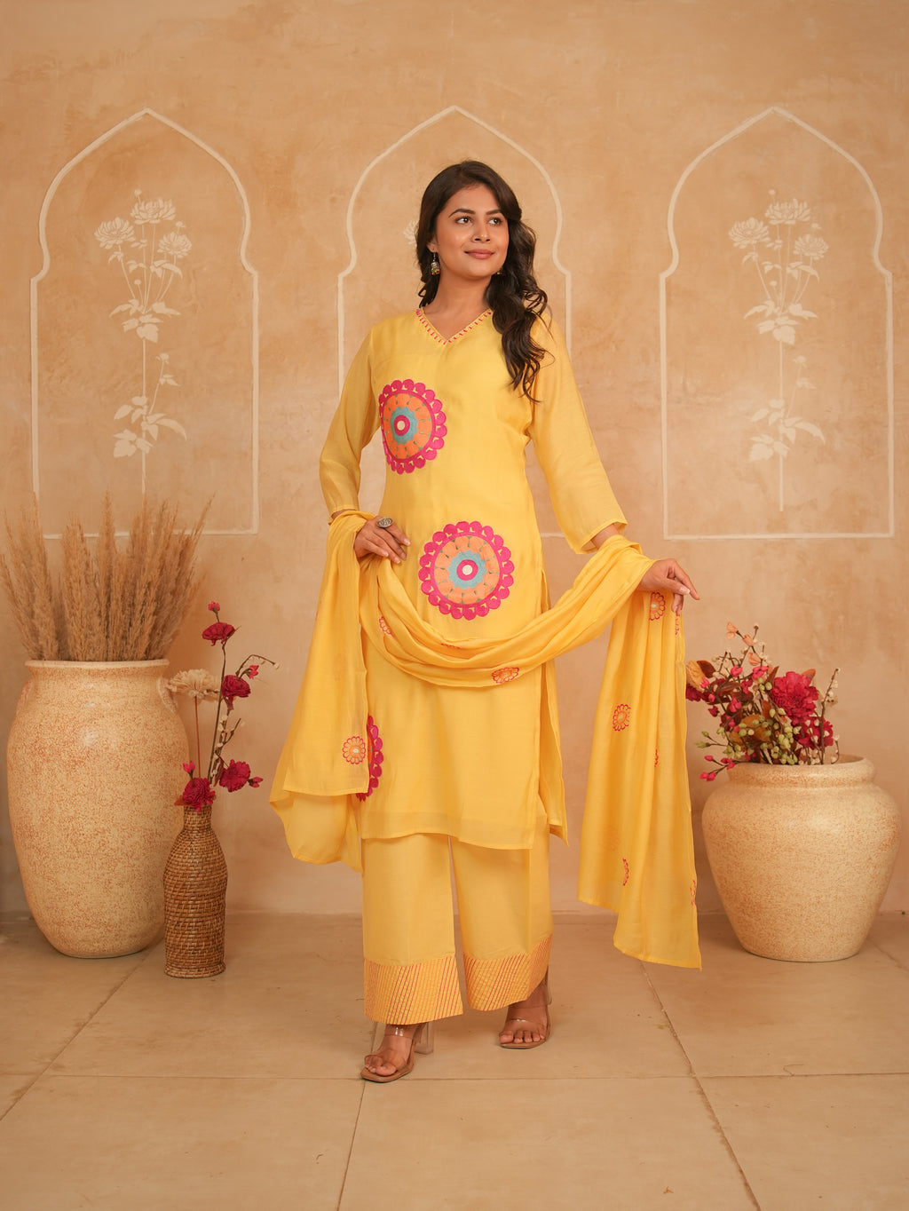 Yellow Embroidered Pure Mul Chanderi Kurti Set with Palazzo & Dupatta