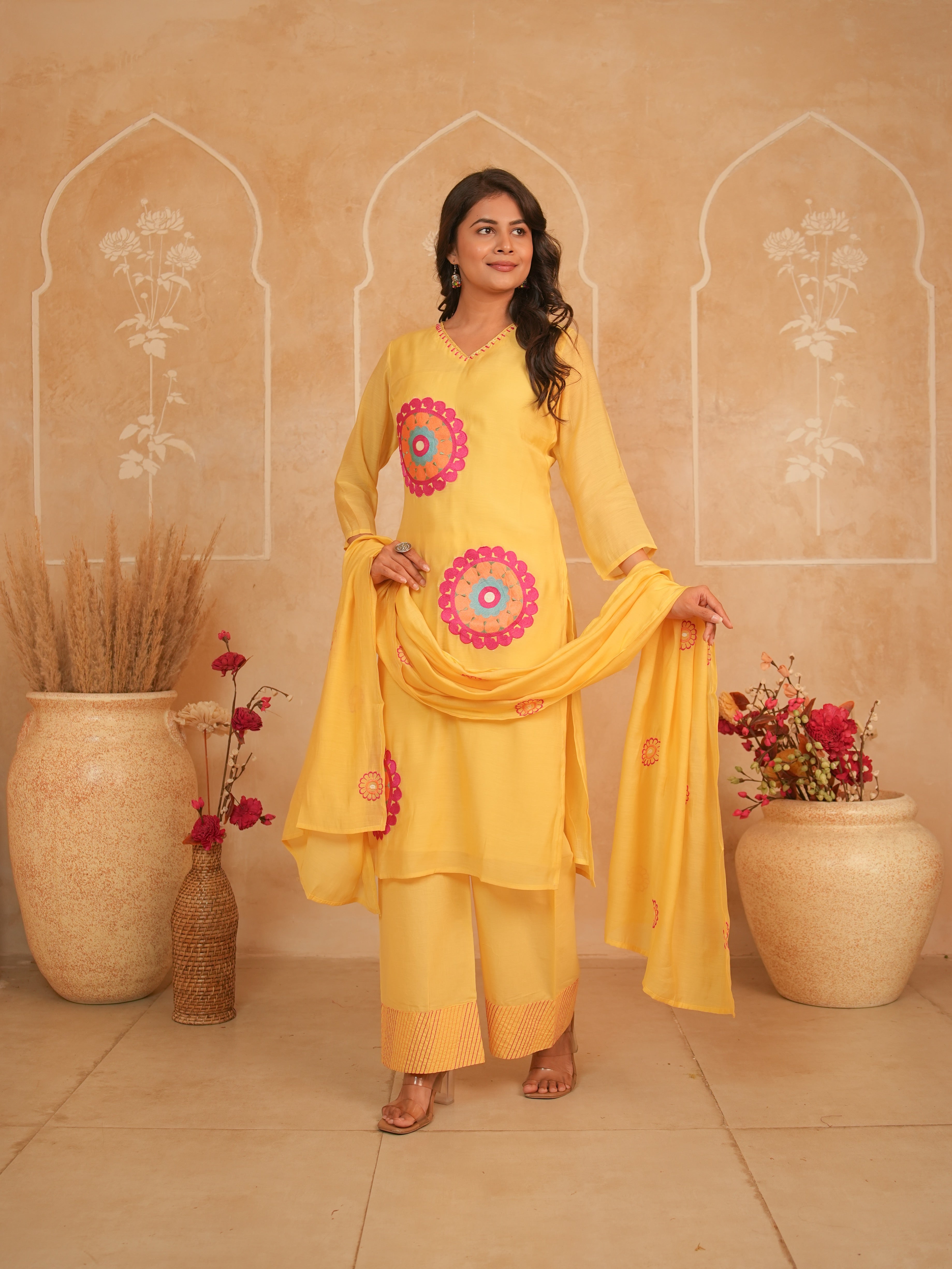 Yellow Embroidered Pure Mul Chanderi Kurti Set with Palazzo & Dupatta