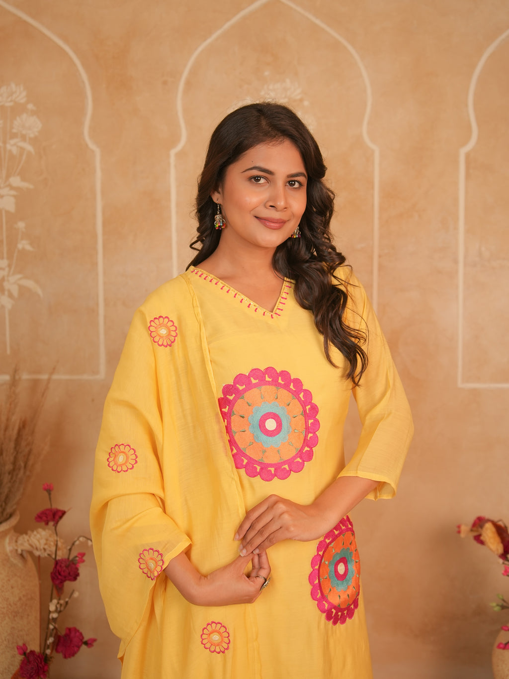 Yellow Embroidered Pure Mul Chanderi Kurti Set with Palazzo & Dupatta