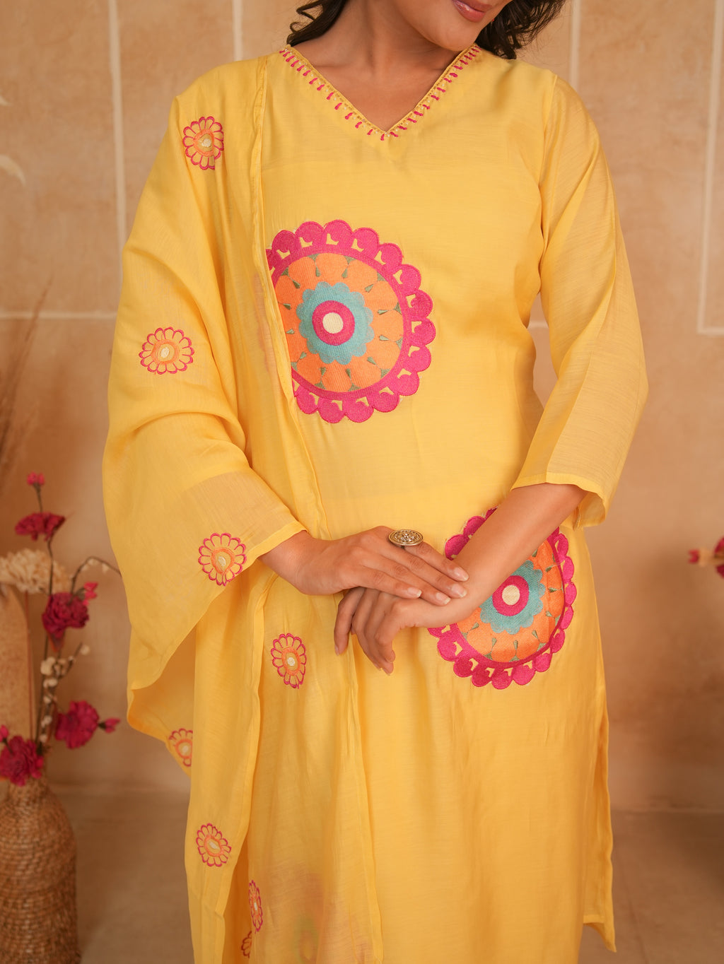 Yellow Embroidered Pure Mul Chanderi Kurti Set with Palazzo & Dupatta