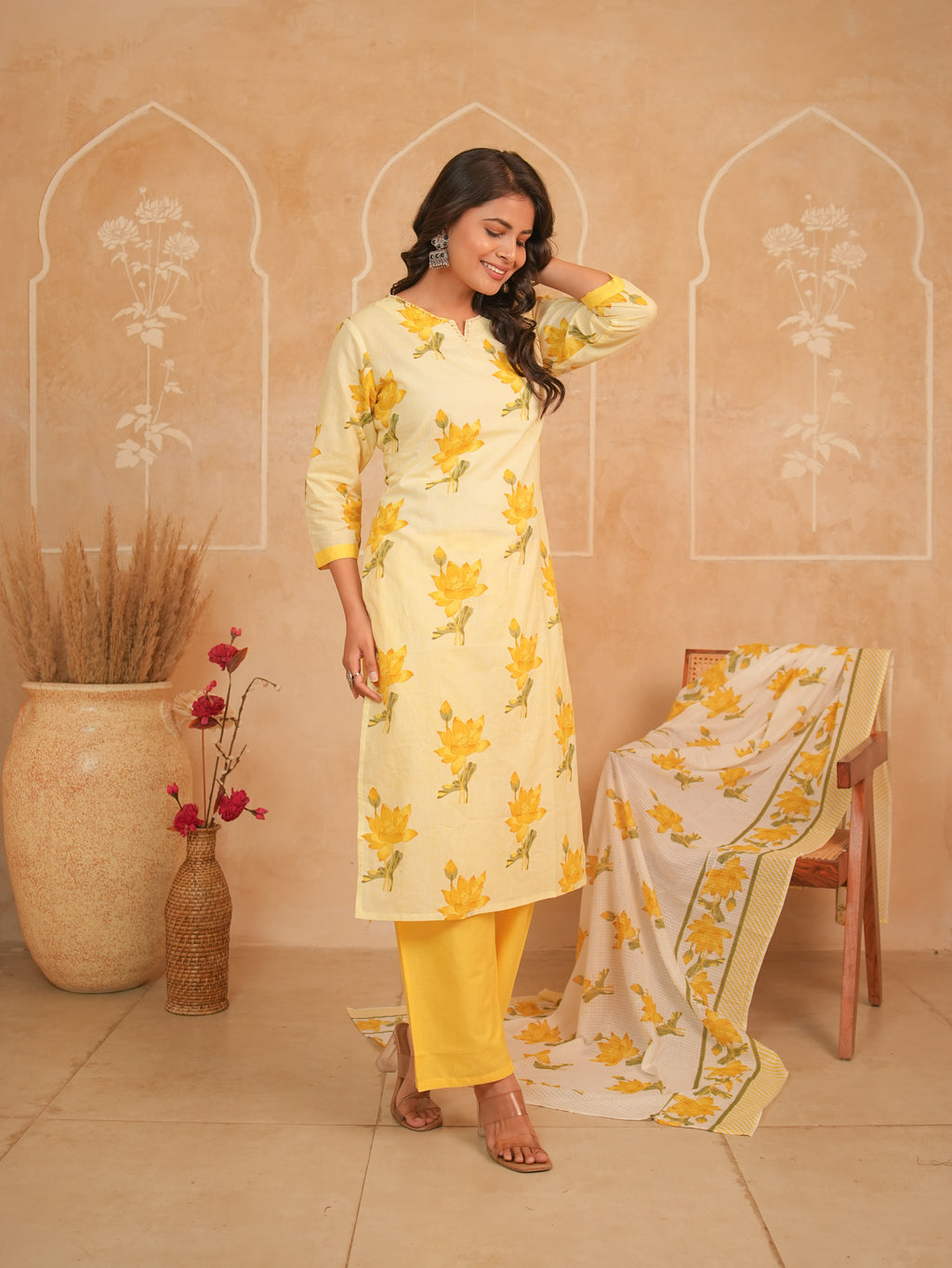 Yellow Floral Printed Pure Cotton Kurti Set with Palazzo & Dupatta | Gouri Jaipur