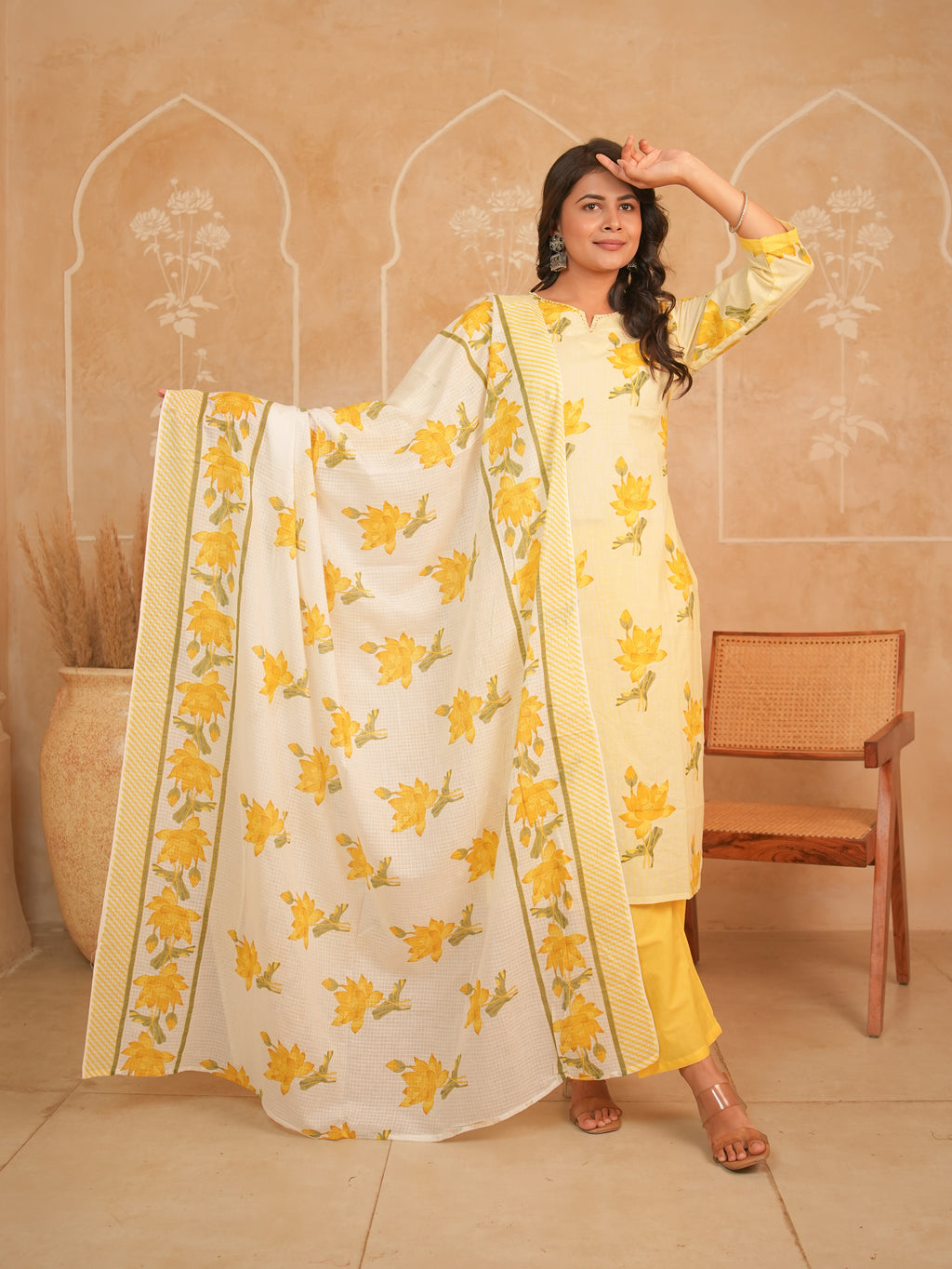 Yellow Floral Printed Pure Cotton Kurti Set with Palazzo & Dupatta | Gouri Jaipur