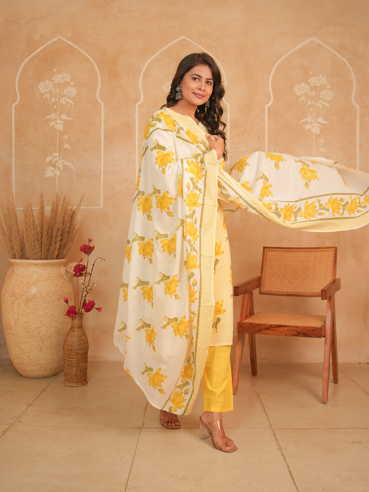 Yellow Floral Printed Pure Cotton Kurti Set with Palazzo & Dupatta | Gouri Jaipur