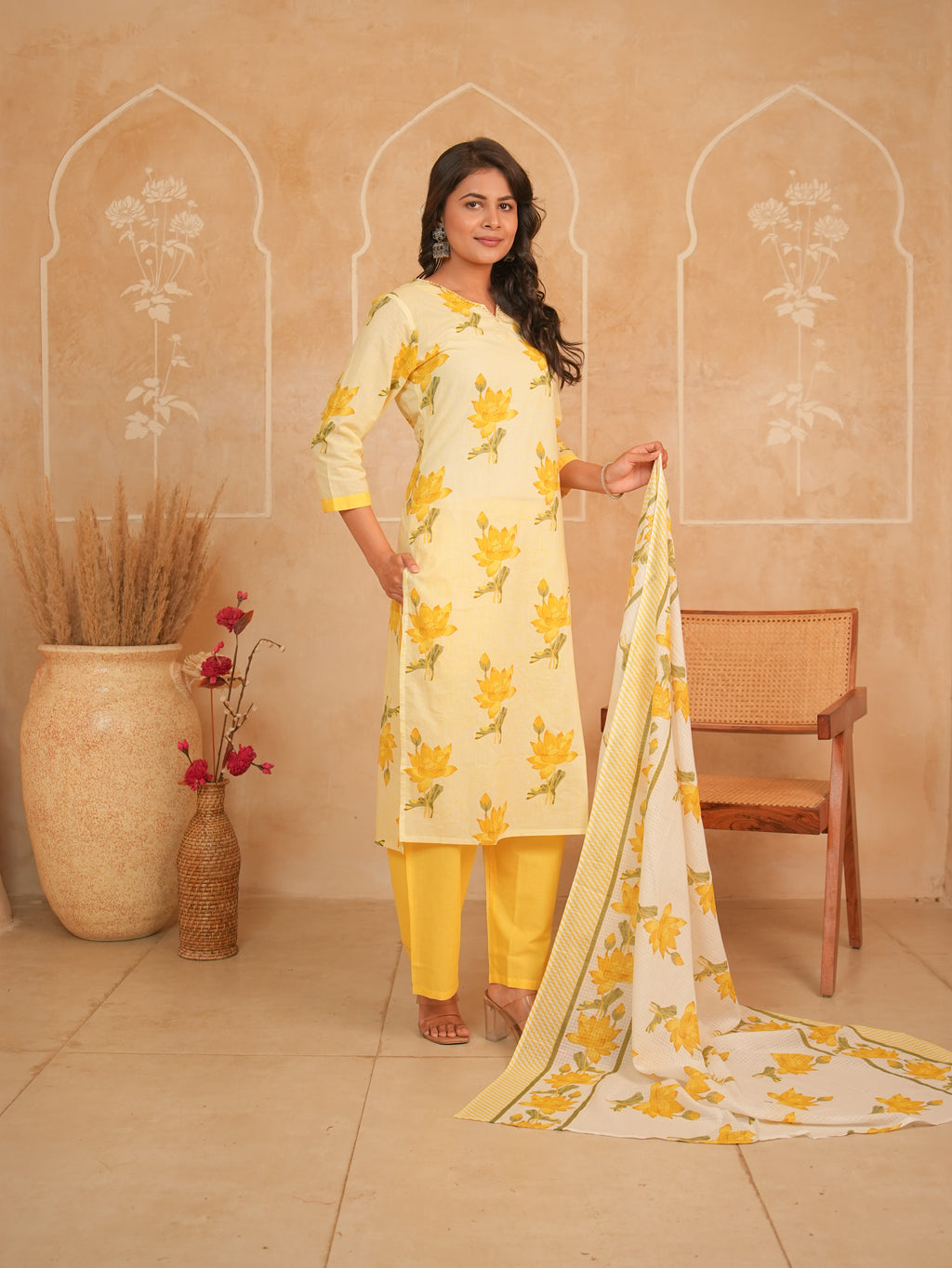 Yellow Floral Printed Pure Cotton Kurti Set with Palazzo & Dupatta | Gouri Jaipur