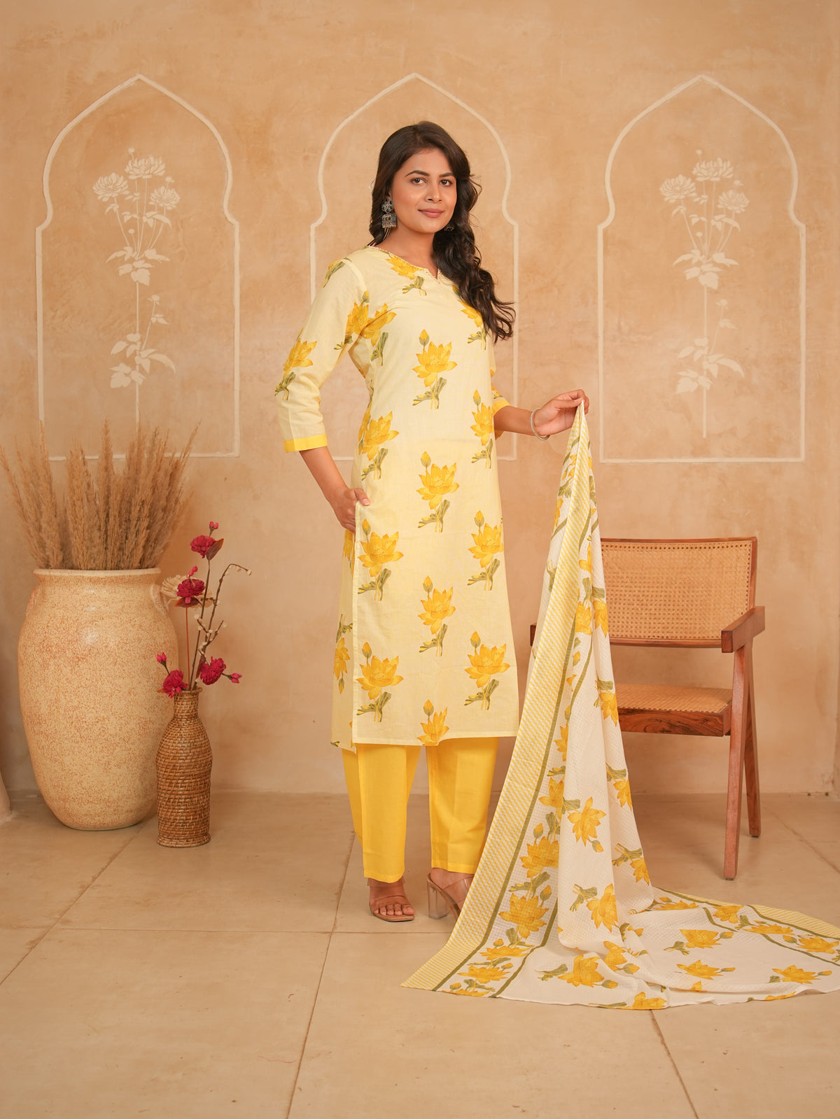 Yellow Floral Printed Pure Cotton Kurti Set with Palazzo & Dupatta | Gouri Jaipur